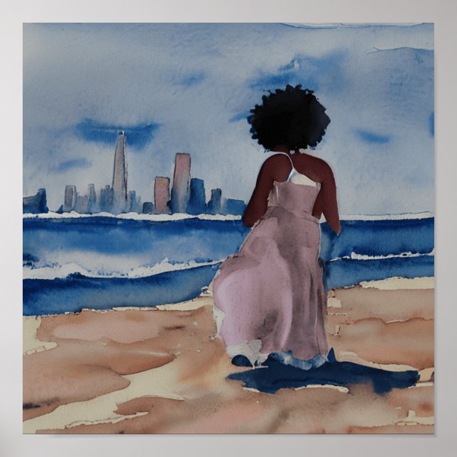 BLACK WOMEN ON BEACH WITH SAN FRANCISCO SKYLINE  POSTER (Front)