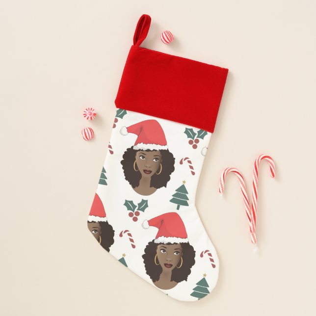 Black Women, Red Santa Hat, Christmas Pattern Christmas Stocking (Front)