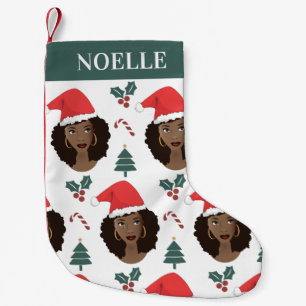Black Women, Red Santa Hat, Christmas Pattern Small Christmas Stocking
