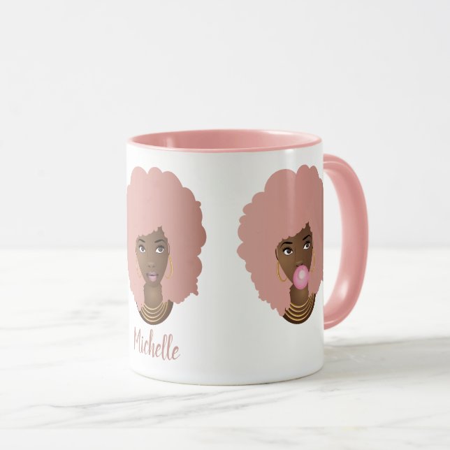 Black Women w/Pink Afro, Bubblegum & Flower Family Mug (Front Right)