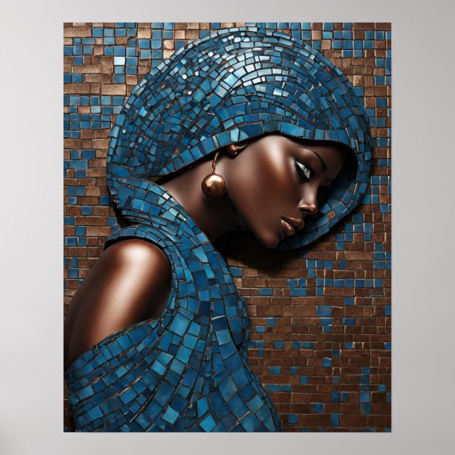 Black Womens Blue Copper Mosaic Face Wall Art (Front)