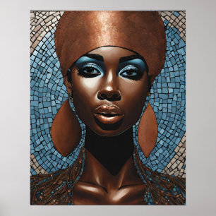 Black Womens Blue Copper Mosaic Face Wall Art 