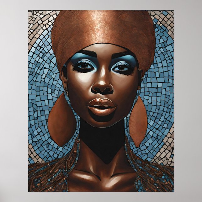 Black Womens Blue Copper Mosaic Face Wall Art  (Front)