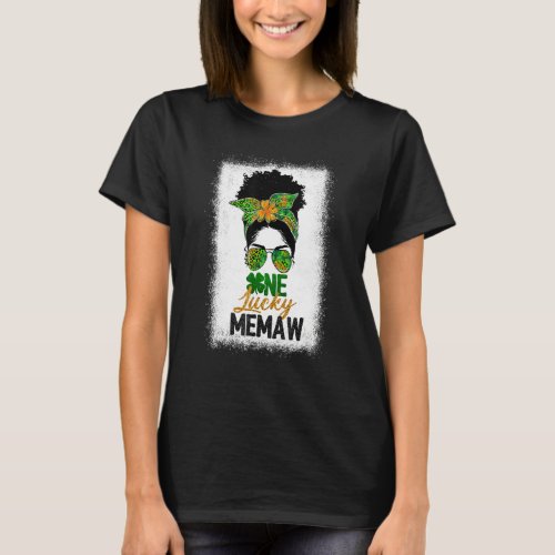 Black Womens One Lucky Memaw Messy Bun St Patricks T_Shirt