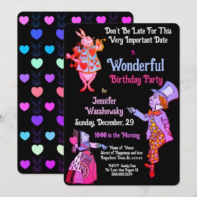 Black Wonderland Wonderful Blrthday Invitation (Front/Back)