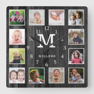 Black Wood 12 Photo Collage Family Name Monogram Square Wall Clock