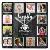Black Wood 12 Photo Collage Family Quote Square Wall Clock Black Wood 12 Photo Collage Family Quote Square Wall Clock