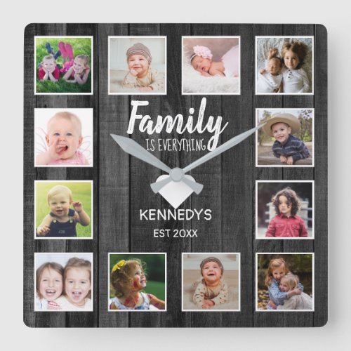Black Wood 12 Photo Collage Family Quote Square Wall Clock