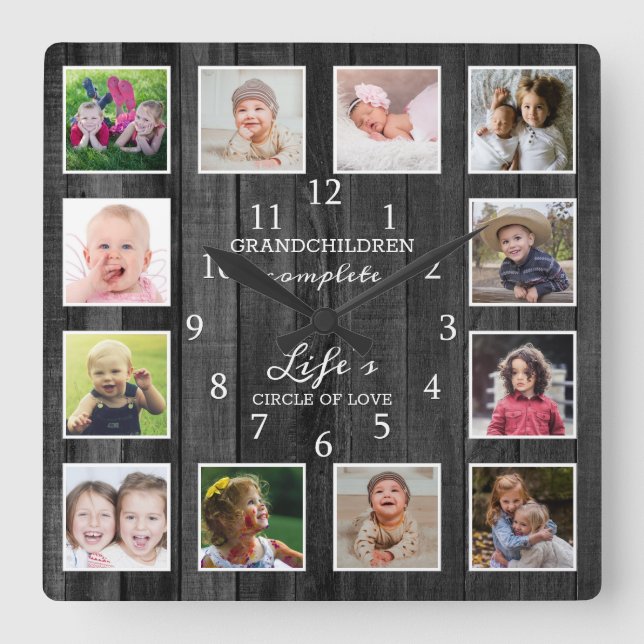Black Wood 12 Photo Collage Grandchildren Quote Square Wall Clock (Front)