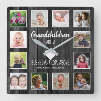 Black Wood 12 Photo Collage Grandchildren Quote Square Wall Clock