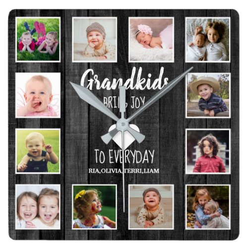 Black Wood 12 Photo Collage Grandkids Quote Square Wall Clock