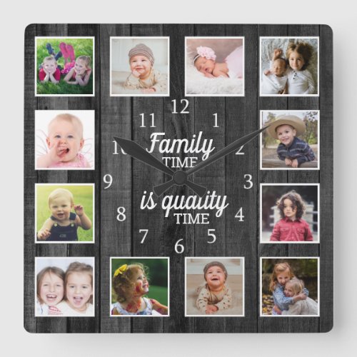 Black Wood 12 Photo Template Family Time Quote Square Wall Clock