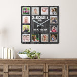 Black Wood 12 Picture Collage Grandchildren Quote Square Wall Clock<br><div class="desc">A rustic wood photo collage clock with a beautiful quote "Grandchildren are a blessing from above". Personalize with 12 family photos and names to make it a memorable keepsake gift for grandparents.</div>