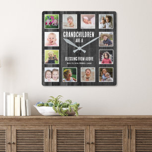 Black Wood 12 Picture Collage Grandchildren Quote Square Wall Clock