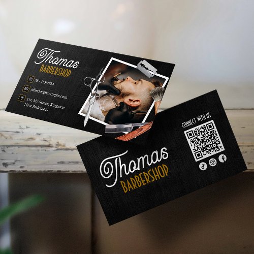 Black Wood BarberShop Hair Clipper Connect with us Business Card
