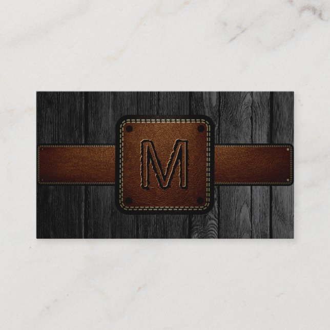 Black Wood Brown Leather Look Monogram Business Card (Front)