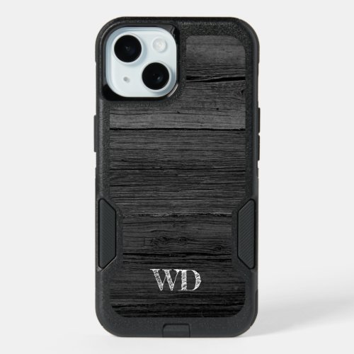 Black wood custom monogram Iphone 15 Otterbox case