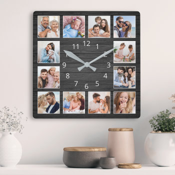 Black Wood Custom Photo Collage Elegant Square Wall Clock by sweetbirdiestudio at Zazzle