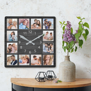 Black Wood Custom Photo Collage Elegant Square Wall Clock