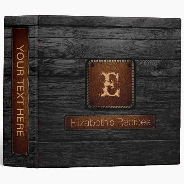 Black Wood Elegant Monogram Leather Look Binder (Front/Spine)