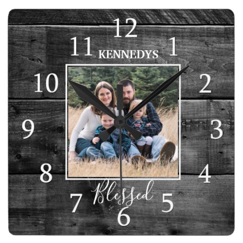 Black Wood Family Name Photo Blessed Farmhouse Square Wall Clock