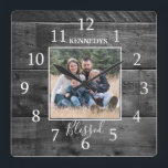 Black Wood Family Name Photo Blessed Farmhouse Square Wall Clock<br><div class="desc">A rustic wood wall clock personalized with family name and photo.</div>