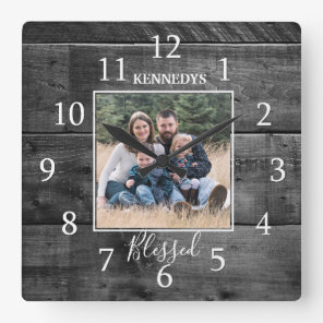 Black Wood Family Name Photo Blessed Farmhouse Square Wall Clock