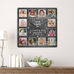 Black Wood Family Name Quote Farmhouse 12 Photo   Square Wall Clock<br><div class="desc">Showcase your cherished memories with this rustic wood family collage photo frame. Create a 12 photo collage using our easy-to-use template. Personalize it with your family name and year. Perfect for farmhouse décor, this unique picture frame allows you to beautifully display your family's special moments. Express how much you love...</div>