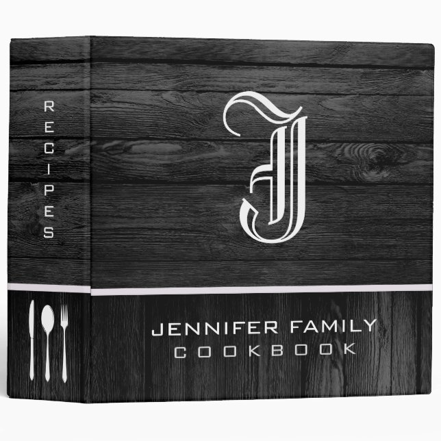 Black Wood Family Recipes Monogram 3 Ring Binder (Front/Spine)