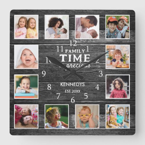 Black Wood Farmhouse Family Time Quote 12 Photo Square Wall Clock
