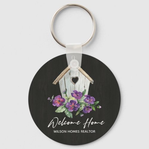 BLACK WOOD FLORAL BIRDHOUSE REAL WELCOME NEW HOME KEYCHAIN