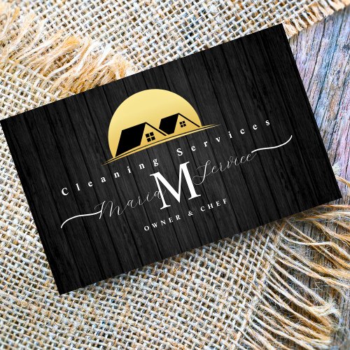 black wood golden house design cleaning service  business card