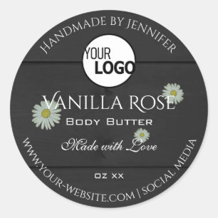 Black Wood Grain Product Labels Floral Daisy Logo