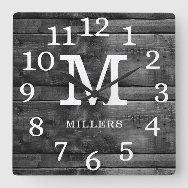 Black Wood Large Numbers Family Name Monogram   Square Wall Clock (Front)