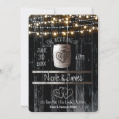 Black Wood String Lights & Barrel Rustic Wedding Invitation (Front)