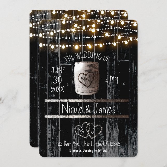 Black Wood String Lights & Barrel Rustic Wedding Invitation (Front/Back)