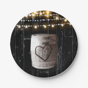 Black Wood String Lights & Barrel Rustic Wedding Paper Plates