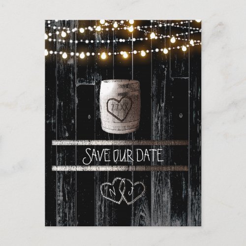 Black Wood String Lights Barrel Save the Date Announcement Postcard