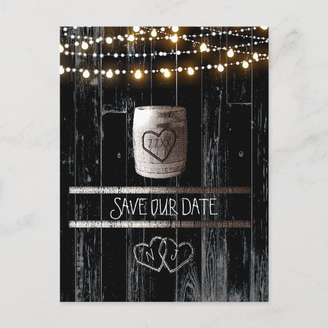 Black Wood String Lights Barrel Save the Date Announcement Postcard (Front)