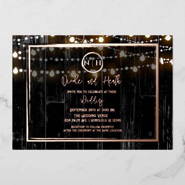 Black Wood & String Lights Elegant Rustic Wedding  Foil Invitation (Front)