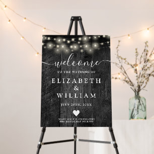 Black Wood String Lights Wedding Welcome Sign