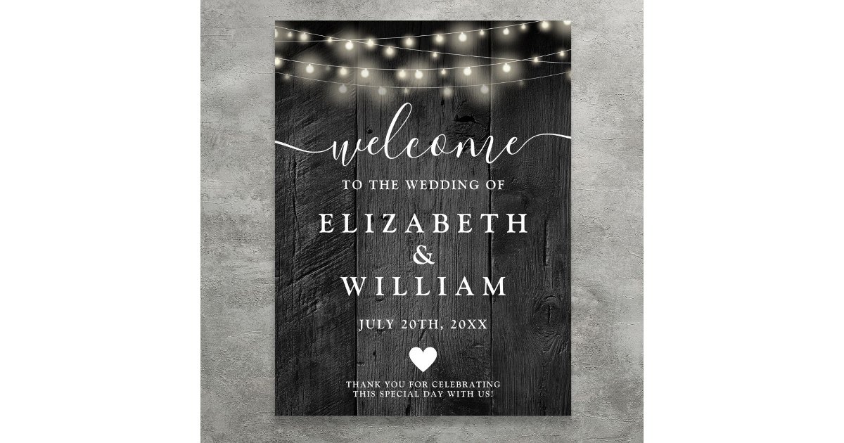 Black Wood String Lights Wedding Welcome Sign | Zazzle