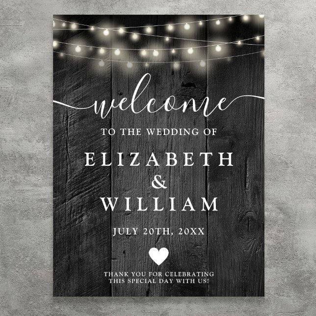 Black Wood String Lights Wedding Welcome Sign (Black Wood String Lights Wedding Welcome Sign)