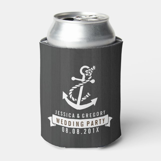 Black Wood Stripes White Nautical Boat Anchor Can Cooler (Can Front)