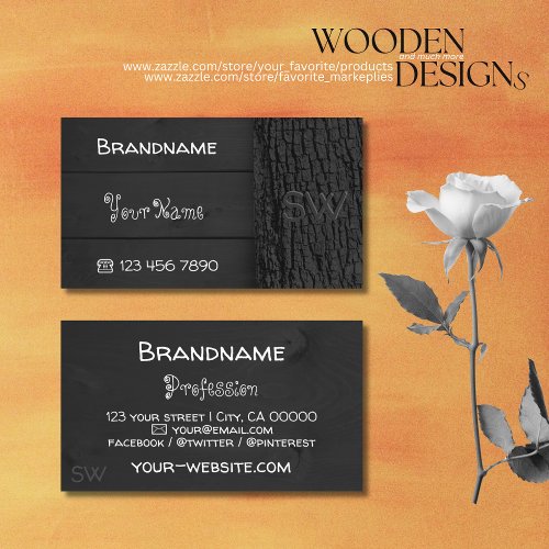 Black Wooden Boards Rustic Tree Bark with Monogram Business Card
