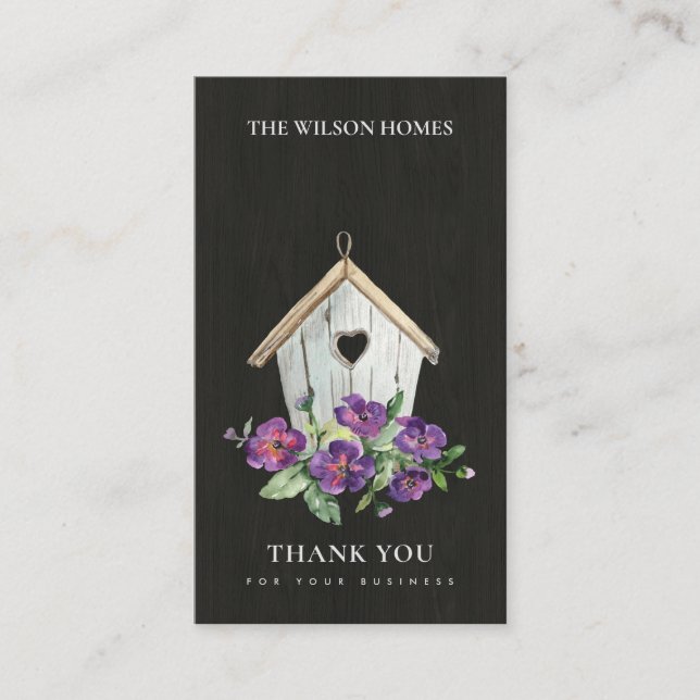 BLACK WOODEN FLORAL BIRD HOUSE THANK YOU REALTOR BUSINESS CARD (Front)