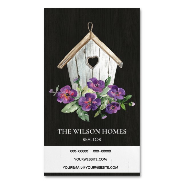 BLACK WOODEN FLORAL BIRDHOUSE REAL ESTATE REALTOR BUSINESS CARD MAGNET (Front Vertical)