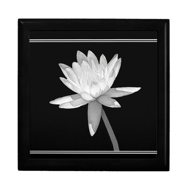 Black Wooden Jewelry Keepsake Box Water Lily B&W (Front)