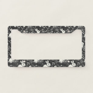 Black Woodland Bunny Botanical Pattern License Plate Frame
