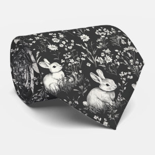 Black Woodland Bunny Botanical Pattern Neck Tie